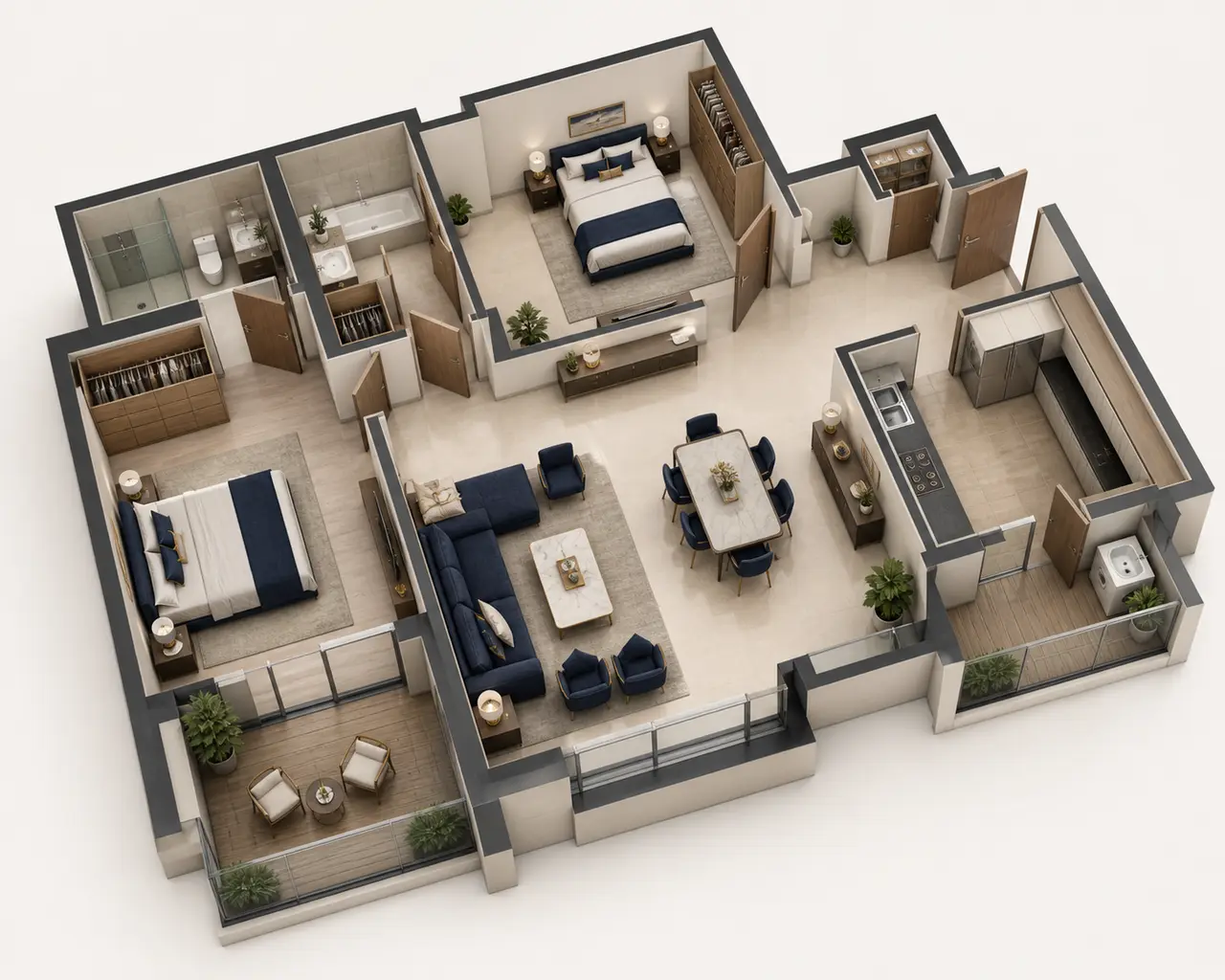 Sobha Chikkagubbi 2 BHK Grande floor plan with two bedrooms, spacious living-dining area, kitchen and balconies