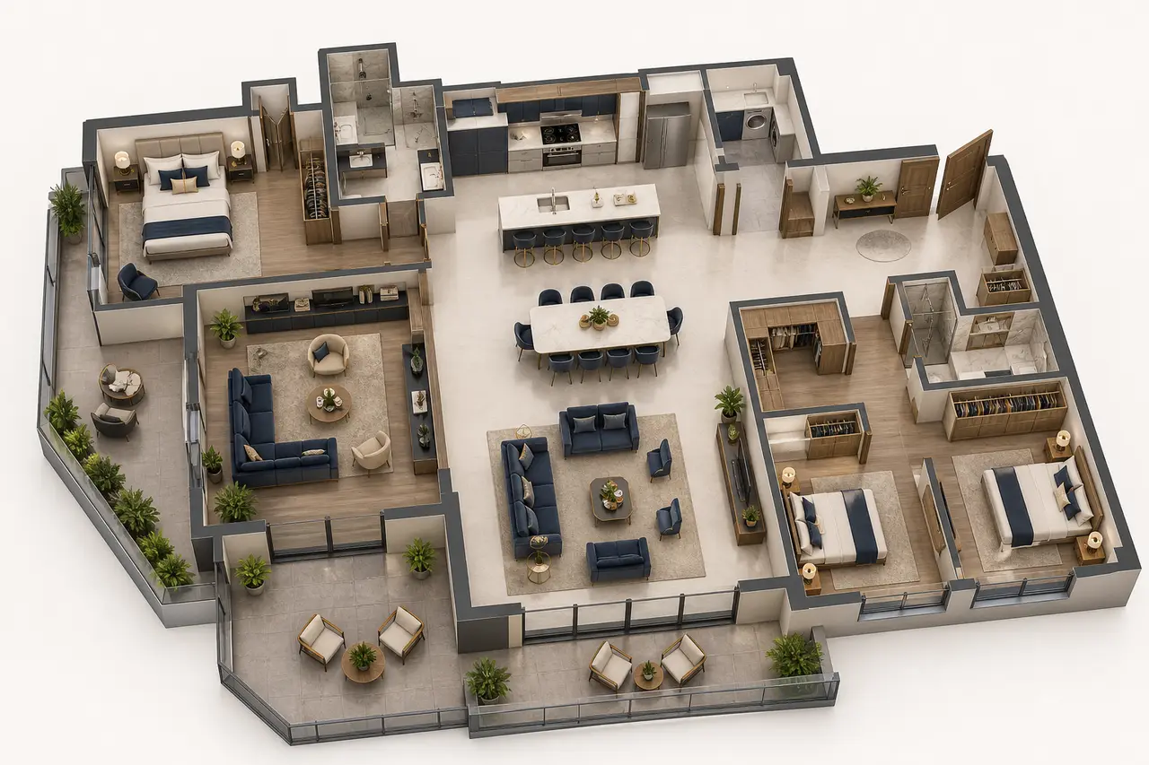 Sobha Chikkagubbi 3 BHK Grande floor plan with three bedrooms, large living-dining area, kitchen and balconies
