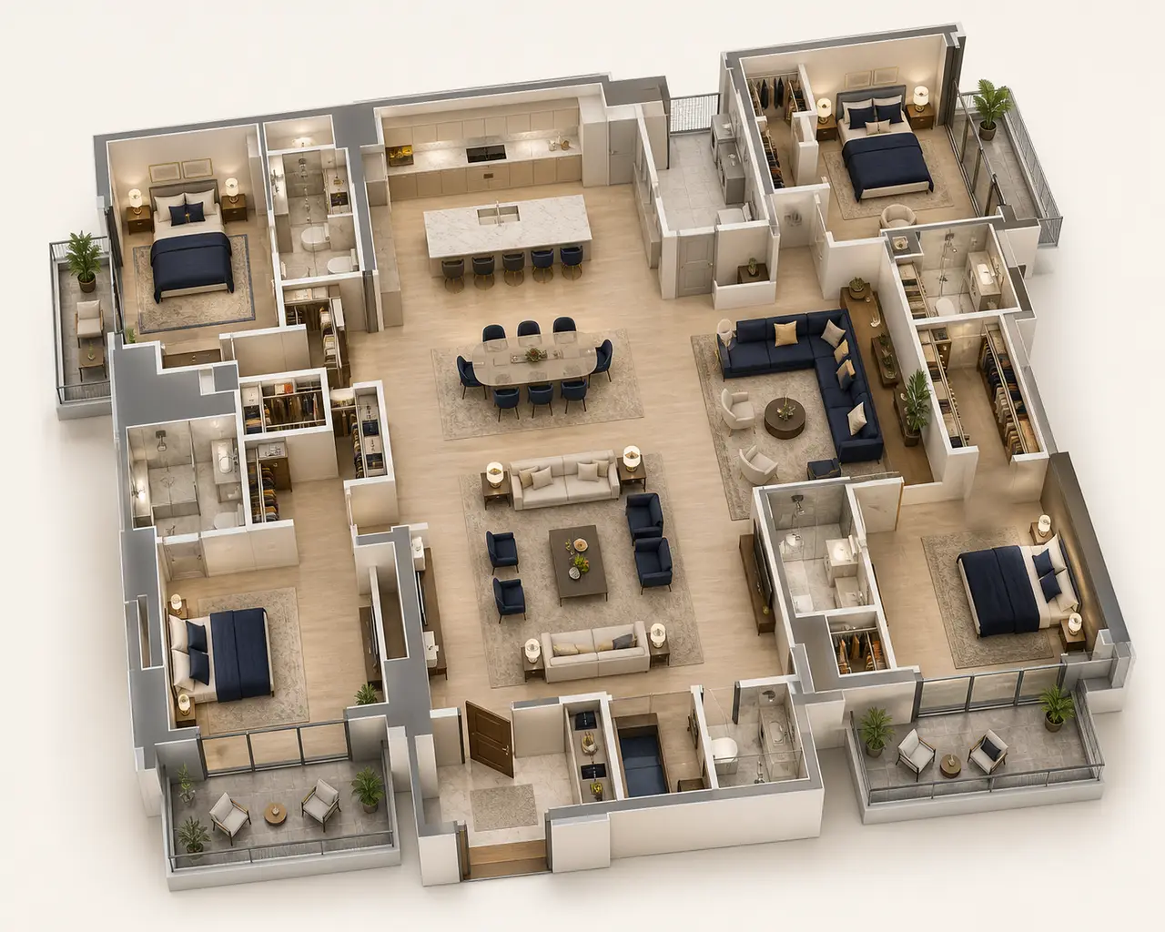 Sobha Chikkagubbi 4 BHK Grande floor plan with four bedrooms, four bathrooms, expansive living-dining areas, kitchen and balconies