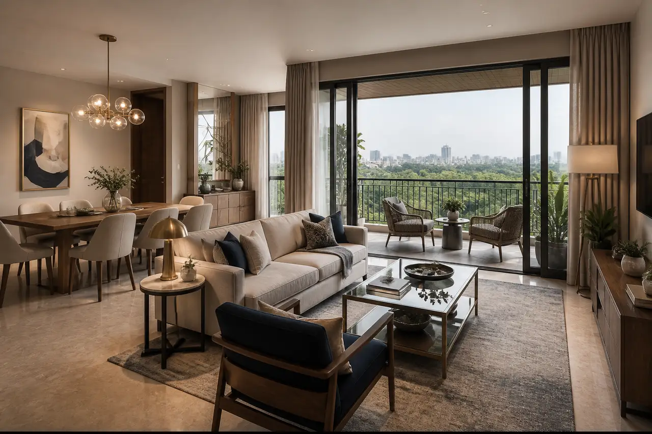 Sobha Chikkagubbi apartment living room with balcony and landscaped outlook